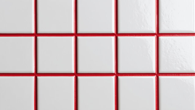White ceramic tile grid with red grout lines. Square wall or floor tiling pattern for interior renovation and construction design. Minimal geometric tile texture
