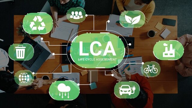 Collaborative Meeting on Life Cycle Assessment with Recycling Icons and Eco-Friendly Themes in a Modern Office Setting Gluon.