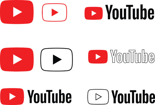 Set of youtube social media logo icons and wordmark symbols in various styles