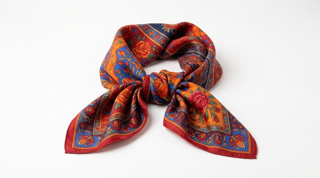Luxury silk scarf with vibrant floral paisley pattern isolated on white background, elegant red and blue knotted silk twill neck scarf fashion accessory