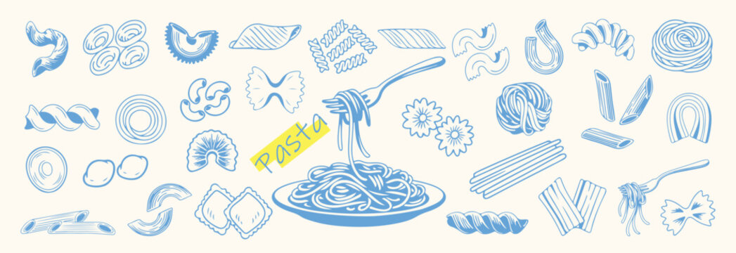 Italian Mediterranean doodle pasta icons set. Hand drawn illustration of pasta.
