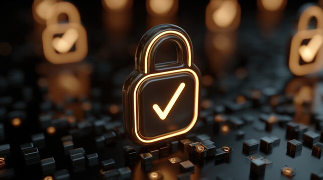 A glowing, 3D padlock with a checkmark, set against a dark background filled with small, cubic elements and blurred padlock icons