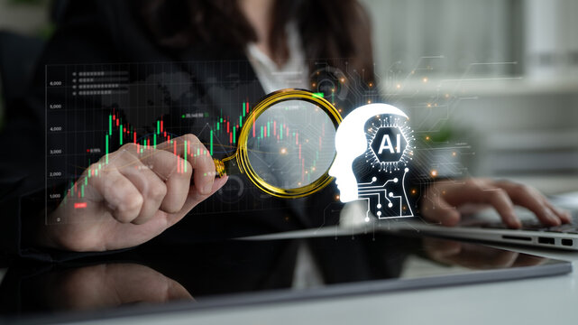 Futuristic financial technology concept features automated robot trader, quantitative analytics, and real-time stock market graph. Represents high frequency trading HFT and wealth management. Corpus