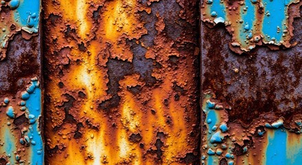 Fototapeta premium Close up of heavily rusted metal surface with peeling blue paint.