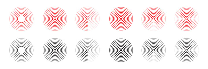 Futuristic digital radar interfaces with glowing concentric waves and signal detection lines. The neon background embodies the wireless communication concept of the vector graphics.Red and Black.EPS10 © BEST TOP CRAFT