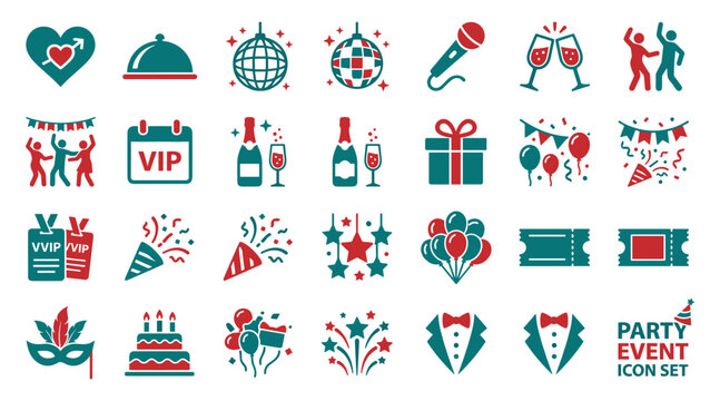 Party event and birthday celebration linear vector icon set, featuring nightlife disco ball, corporate vip tickets, masquerade ball, and carnival confetti graphics