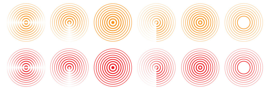 Radar screen background. Vector sonar. Red and Yellow Rader circle. Rings with radial lines. Radar icon, targets, epicenter. Radar icons set. Best Collection. Vector illustration.