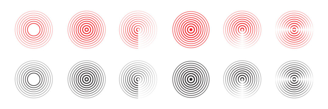 Futuristic digital radar interfaces with glowing concentric waves and signal detection lines. The neon background embodies the wireless communication concept of the vector graphics.Red and Black.EPS10