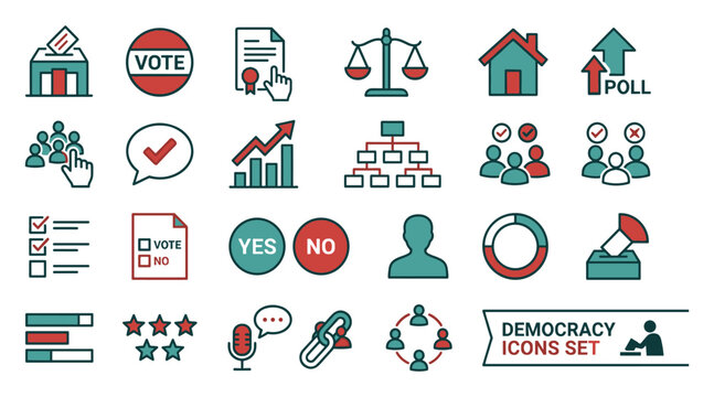 Democracy and election voting vector icon set, featuring ballot box polls, public survey opinions, government politics, court justice scale, and community feedback graphics