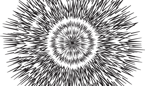 Minimalist black and white radial explosion pattern with dynamic line art composition.