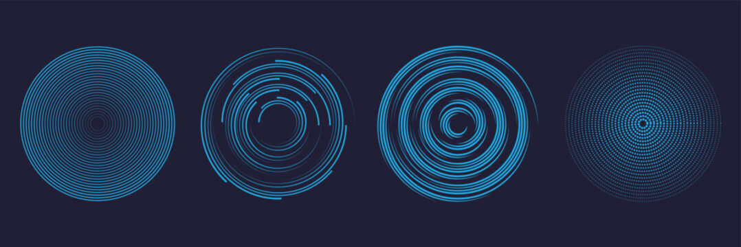 Futuristic Radio Waves, Sound Frequency, Glowing Radar Signals, and Modern Technology UI Design Elements on Black Background. Rader Circle screen. Vector effect. Blue color. Eps 10.