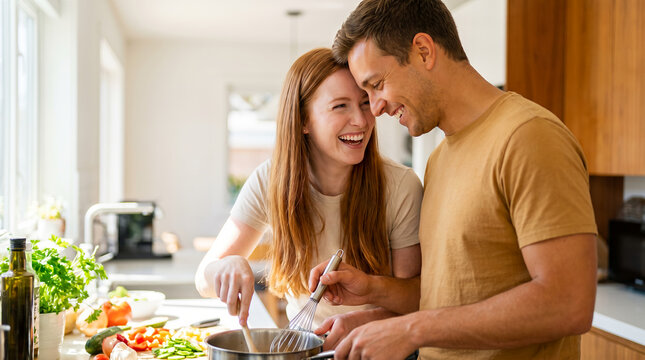 couple at home kitchen cooking together smiling cheerful woman man lifestyle happiness domestic joy fair skin authentic everyday life modern relationship food warmth connection love