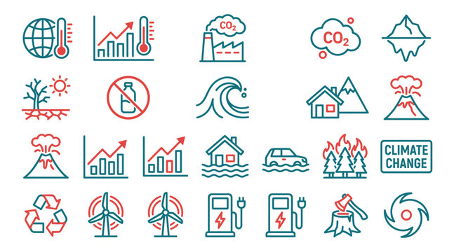 Global warming and climate change vector icon set, featuring co2 pollution, natural disaster floods, wildfire, deforestation, and green eco energy renewable solutions