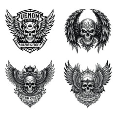 Fototapeta premium Collection of gothic skull logos with wings and banners