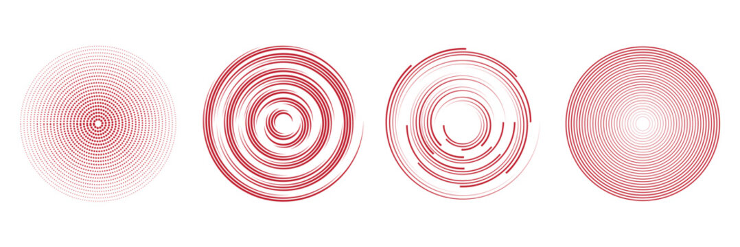 Set of red rings with sound waves, interrupted lines and dots. Rings with radial lines. Radar icon, targets, epicenter. Vector signal concentric vortex circles. Red Rader Circle. Vector graphics.EPS10