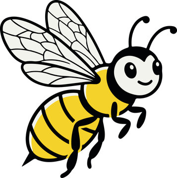 A cheerful, stylized bee in black and yellow line art flying against a plain background.