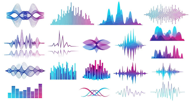 Abstract audio waveforms in a spectrum of blue, purple, and pink gradients, representing sound visualization and digital music