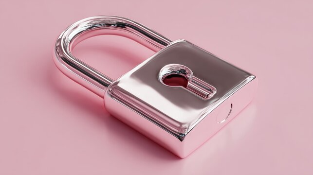 Gleaming, chrome padlock angled on a soft pink surface, its keyhole visible. Light reflects off the metal, creating highlights and shadows