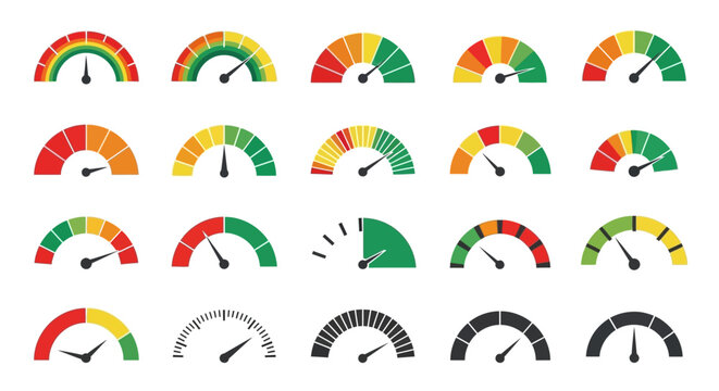 Set of speedometer and performance indicator gauges, illustrating various levels of risk, satisfaction, and measurement with color-coded scales for easy interpretation and data visualization