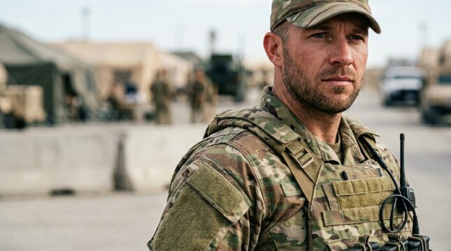 Focused male soldier in camouflage uniform and tactical vest with military base in the background