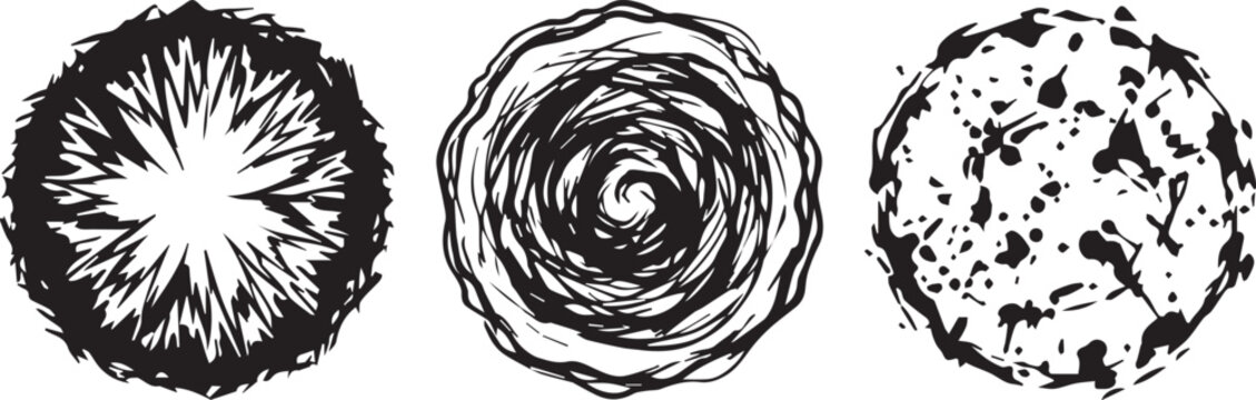 Three distinct abstract circular forms featuring radial lines, swirls, and dotted textures in monochrome line art style.