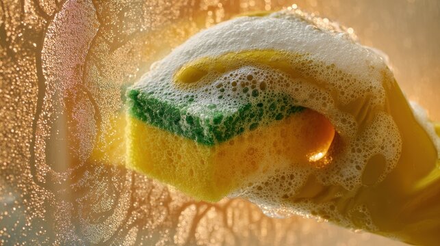 Close up of a sponge cleaning a dirty glass surface
