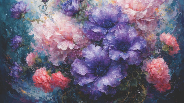 Contemporary abstract floral watercolor featuring layered anemone flowers in purple vector background

