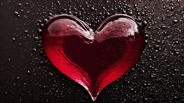 Red Glass Heart on Dark Wet Surface