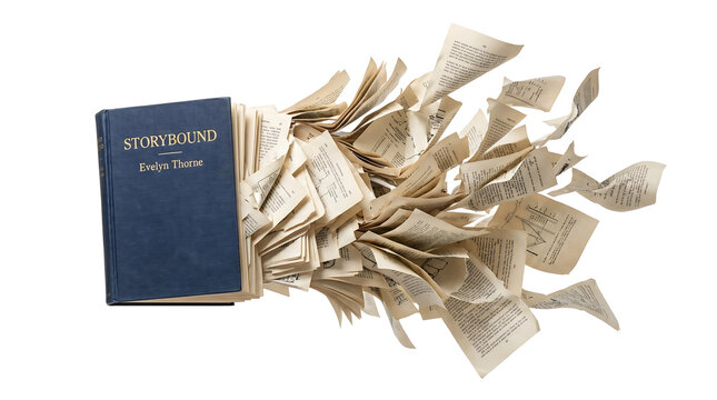 Antique hardbound book titled storybound by evelyn thorne exploding with flying pages isolated against plain white background representing literature and magic.