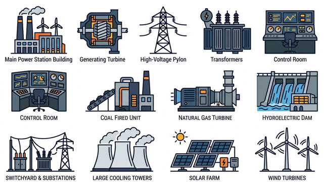 Collection of Industrial Power Generation and Distribution Icons.