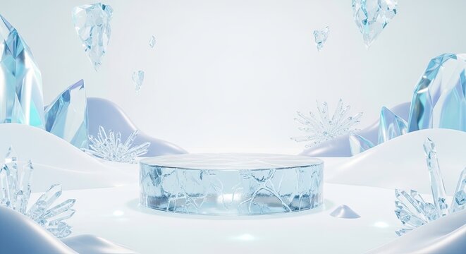 A translucent pedestal displays a clear, ice-like cylinder. Numerous ice shards and crystalline formations float around the pedestal, creating a frosty, wintery atmosphere.