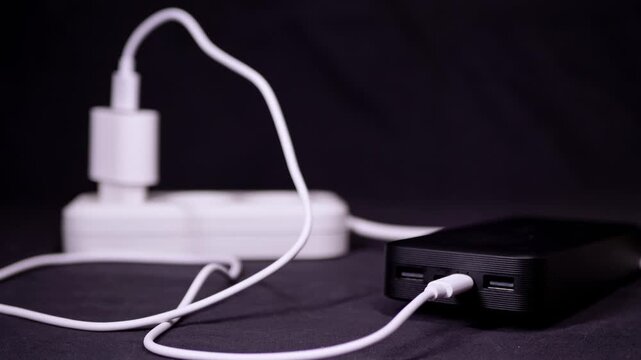 A black portable power bank charges with blinking LED indicators connected to a white power strip via USB cable. Concept of electrical energy, battery life, and recharging modern devices.