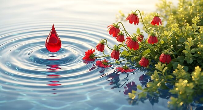 A single red drop falling into clear water creating ripples next to beautiful red flowers in a garden setting