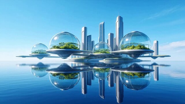 Futuristic floating city with domes