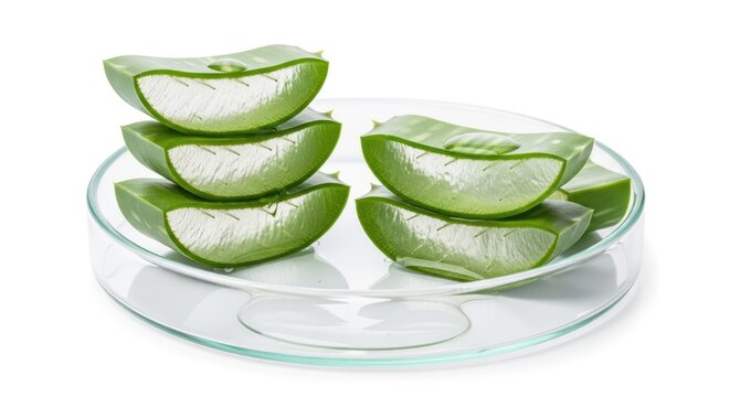 Four slices of aloe vera rest on a clear petri dish. The aloe vera leaves are vibrant green and have visible gel inside.