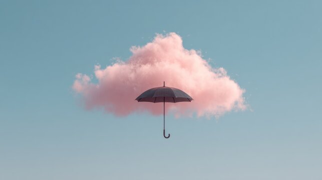 A single, dark umbrella floats beneath a fluffy, pink cloud against a serene, light blue sky. The scene evokes a sense of whimsical surrealism