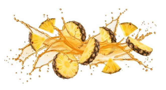 Pineapple chunks explode in a splash of orange juice. The pineapple pieces are scattered with droplets of liquid, creating a dynamic and refreshing visual.