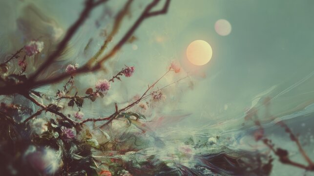 Dreamy landscape showcasing blooming branches against a hazy sky with two celestial orbs and ethereal cloud formations