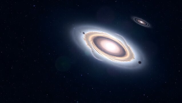Early-universe merging galaxies with blue star-forming regions and quasar ring.