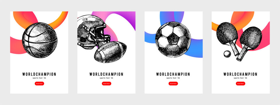 Banners with sport trophy, medal and cup, hand drawn in vintage sketch style. Celebration of athletic victory, motivation and team spirit. Vector isolated illustration