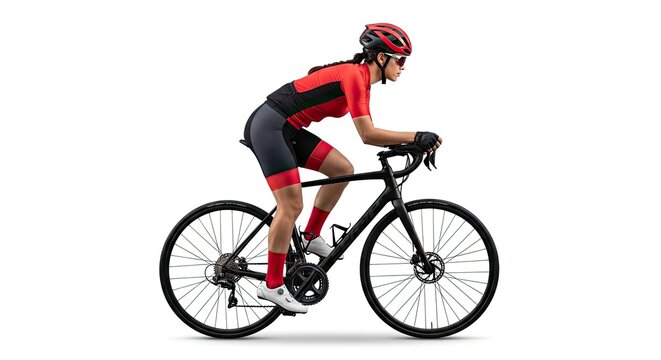 A female cyclist is riding a bicycle against a white background. She is wearing a red and black cycling jersey and a helmet.