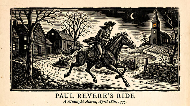Paul reveres ride, a midnight alarm, april 18th, 1775 woodcut illustration