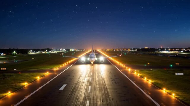 Airport Runway Guiding Lights at Night: Plane Landing Sequence