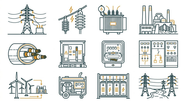 Collection of electrical power generation and distribution equipment icons.