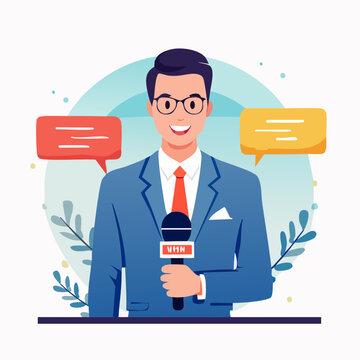 News Reporter Holding Microphone with Speech Bubbles