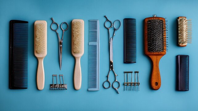 A neat arrangement of grooming tools, including various combs, hairbrushes, and scissors, set against a solid blue background