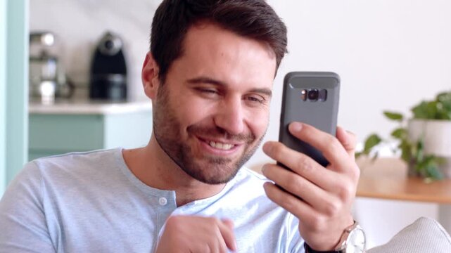 Phone, wave and man with video call in house, online communication and greeting for weekend networking. Connection, mobile and person with hello gesture for virtual conversation, smile and web chat