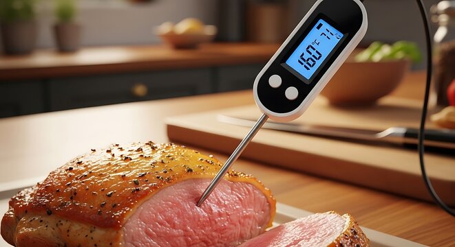 Digital meat thermometer showing temperature inside a fresh cooked beef steak on a wooden cutting board in kitchen
