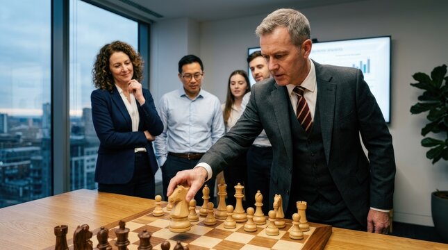 Five business professionals stand together in a modern office, examining a chessboard.