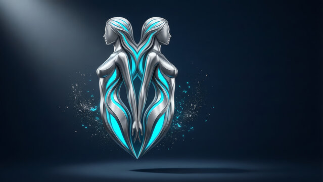 Illustration 3D futuriste du signe astrologique des G&eacute;meaux, repr&eacute;sentant deux figures f&eacute;minines m&eacute;talliques stylis&eacute;es dos &agrave; dos avec des accents d'&eacute;nergie bleue lumineuse sur fond sombre